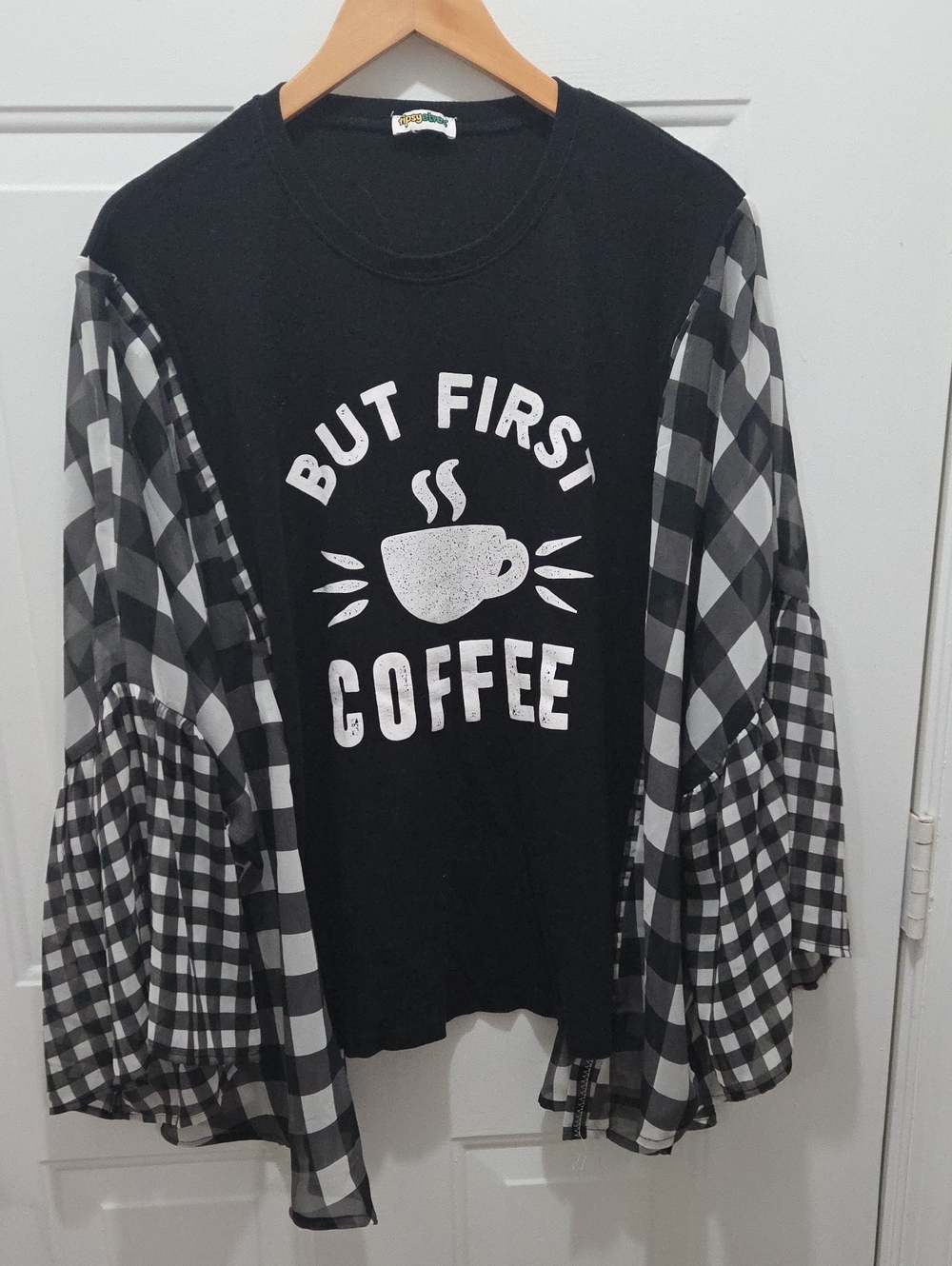 Custom Upcycled 'But First Coffee' Graphic Top with Checkered Sleeves Free Size